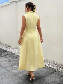 Firerie Plus Size Women's Elegant Summer Yellow Sleeveless V-Neck Waist Gathered A-Line Dress,Casual Daily Commute Beach Tea Party Vacation Chic - Yellow - View 4