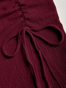 Sweetra Women's Asymmetrical Shoulder Tie Strap Ruched Crop Top And Mini Skirt 2-Piece Set - Burgundy - View 5