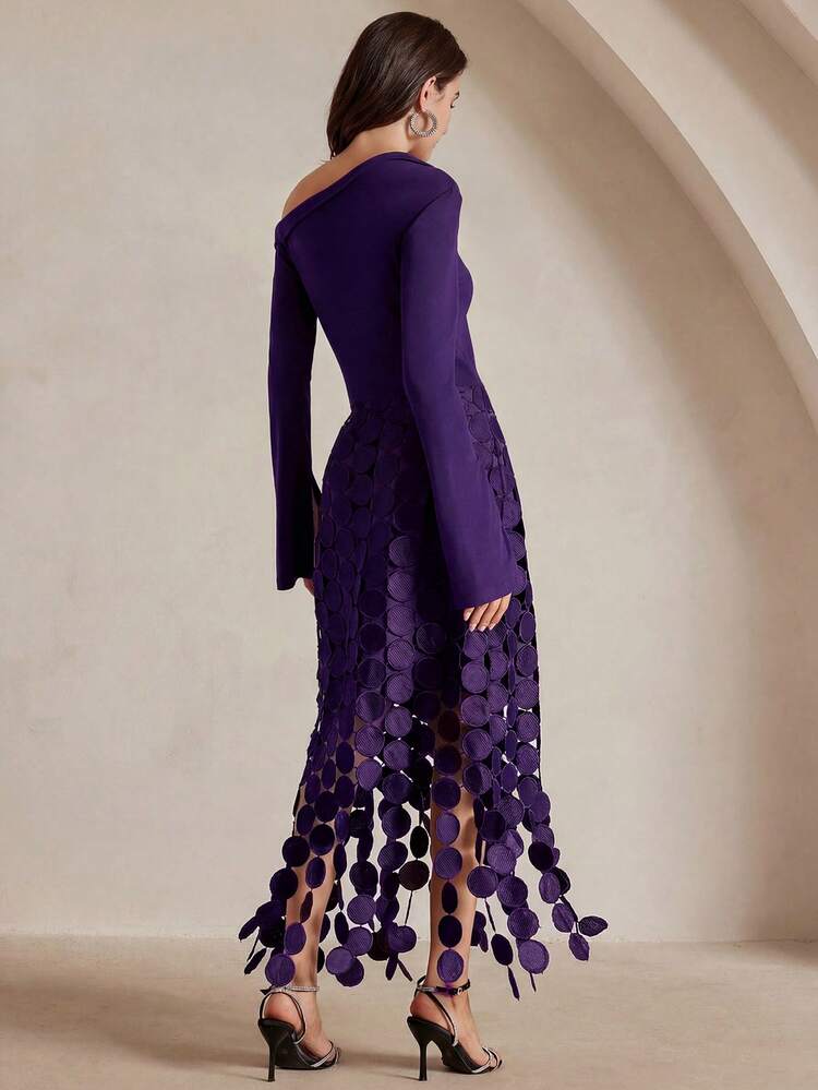 Sexy Fitted High Waist Slit Shoulder Long Sleeve Draping Hollow Out Tassel Dress, European And American Style