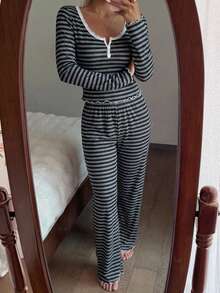 SHEIN Lace Trim Square Collar Striped Print Long Sleeve Pajama Set - Multicolor - View 5