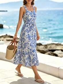 Breezaya Women's White And Blue Floral Summer Boho Vacation Holiday Elegant Spaghetti Strap Ruched Waist Printed Dress,Casual Office Party Beach Outfit - Blue - View 1
