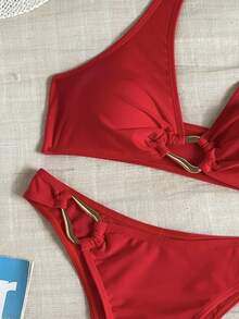 Swim Basics 畅销女士黑色性感吊带两件套比基尼套装，度假休闲沙滩泳装 - 紅色 - 查看 4