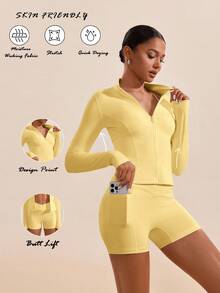 High Neck Long Sleeves Skinny Women Sports Sets - Yellow - View 3