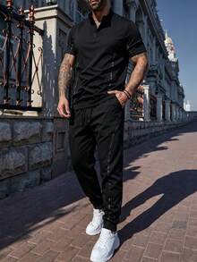 Manfinity Homme 男士休闲半拉链 Polo 衫和裤子套装 - 黑色 - 查看 3