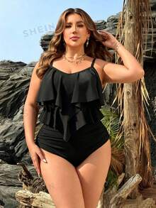 SHEIN Swim Lushore Bộ bikini 2 mảnh dành cho nữ cỡ lớn, màu đen, viền bèo nhún đôi và quần tam giác xếp ly họa tiết da báo, hở lưng. - màu đen - Xem 5