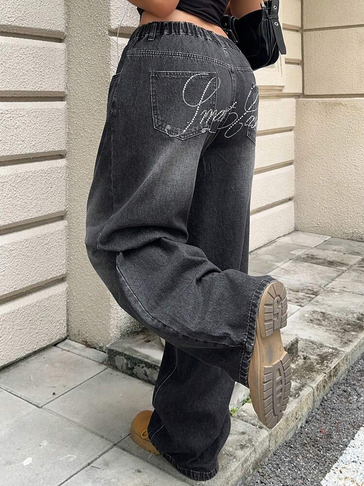 Dazy Plus Distressed Washed Korean Style Casual Rhinestone Letter Decor Plus Size Women Loose Straight Leg Long Black Jeans, Spring/Summer
