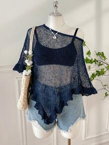 SHEIN EZwear 大码女式不对称下摆休闲套头毛衣，日常百搭 - 藏蓝色 - 查看 4