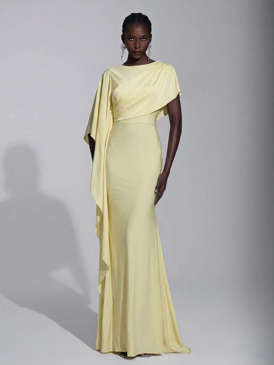 Elitara Elegant Luxurious Satin Ruffle Sleeve Decor Sexy Slit Fishtail Bridesmaid Dress - Yellow - View 1
