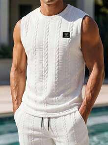 VIVINTIMO 男士休闲日常字母贴布提花无袖背心，夏季 - 白色 - 查看 1