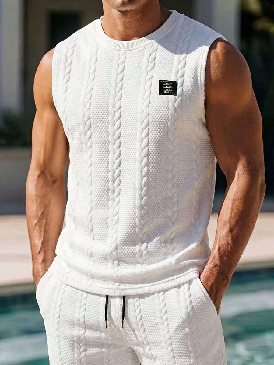 VIVINTIMO 男士休闲日常字母贴布提花无袖背心，夏季 - 白色 - 查看 1