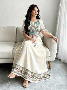 Modelyn 菱形印花连衣裙，女士时尚圆领短泡泡袖设计，配腰带，中长连衣裙，夏季休闲长裙，几何图案浅杏色连衣裙 - 彩色 - 查看 4