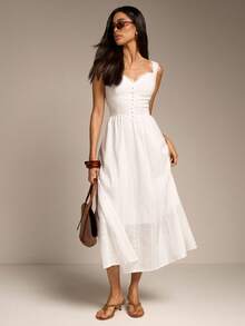 Women's Elegant Spaghetti Strap Deep V-Back Lace Midi Dress, A-Line, Suitable For Spring/Summer Outings, Weddings, Wedding Guests - White - View 4