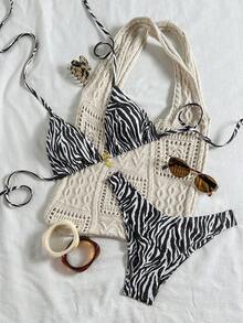 Swim Vcay Swim Mod 夏季两件式泳衣，可调节肩带随机印花上衣和高腰泳裤，夏季沙滩度假比基尼套装，斑马纹泳装，斑马纹泳衣，女士斑马纹比基尼 - 彩色 - 查看 1