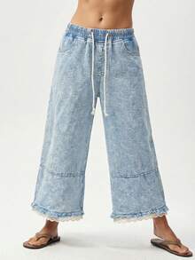 Bohemela Quần jeans nữ màu trơn, cạp chun, túi xéo, phối ren. - Rửa trung bình - Xem 2