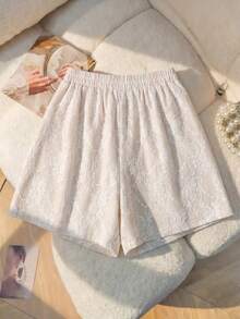 SHEIN Elenzya Quần short nữ ren cạp chun, thanh lịch, lãng mạn. - Màu be - Xem 4