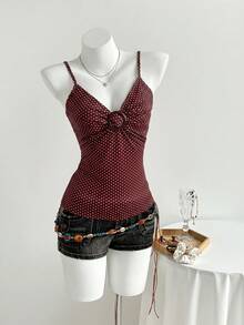 Elamini Women's Polka Dot Decorated Casual Tank Top, Suitable For Daily Wear And Vacation - Brown - View 6