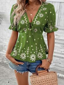Hotletica Áo kiểu nữ phong cách Bohemian, thêu họa tiết, buộc dây, xếp nếp, thích hợp cho kỳ nghỉ. - xanh quân đội - Xem 6