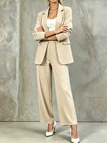 LUMIGAL Women's Solid Color Lapel NeckLong Sleeve Blazer And Pants Casual Office Commute Suit - Khaki - View 6