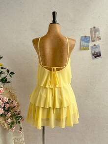 Soleia Plus Size Summer Yellow Holiday Tea Vacation Party Elegant Cute Backless Multi-Tier Ruffle Chiffon Mini Dress Wedding Guest Bohemian Boho - Yellow - View 2