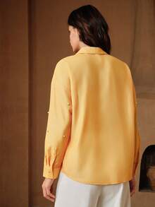 Anewsta 刺绣泡泡珠花卉印花设计时尚宽松休闲女式衬衫 - 黃色 - 查看 7