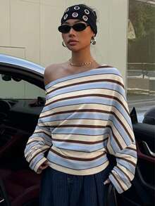 SHEIN Muchic Sudadera corta asimétrica de estilo universitario a rayas azules, con hombros descubiertos, diseño minimalista, adecuada para primavera, verano y principios de otoño, versátil - Multicolor - Ver 6