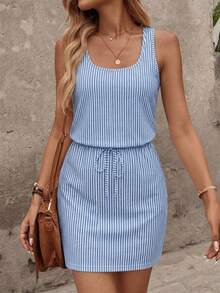 Easowa Blue Faux Mechanical Striped Casual Printed Mini Dress, Suitable For Spring/Summer & Vacation - Multicolor - View 9