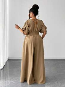 Maweii Plus Size Elegant Short Sleeve V-Neck Drawstring Jumpsuit - Khaki - View 6