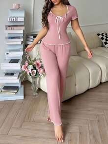SHEIN INS Casual Colorblock Short Sleeve & Pants Pajama Set For Women - Berwarna merah muda - View 5