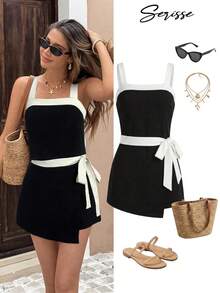 Serisse 女士时尚通勤撞色装饰吊带背心和迷你裙两件套，夏季 - 黑色 - 查看 1