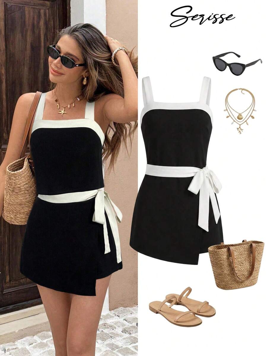 Serisse 女士时尚通勤撞色装饰吊带背心和迷你裙两件套，夏季 - 黑色 - 查看 1