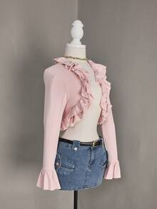Glisette Ruffled Hem Fitted Flare Sleeve Design Fashionable Blouse, Suitable For Spring & Autumn - Baby Pink - View 3