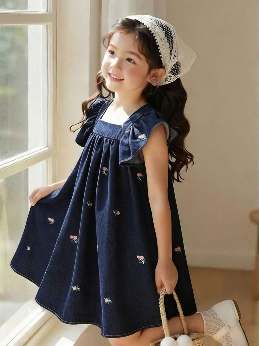 Elladie kids 少女休閒優雅牛仔洋裝,柔軟花卉圖案設計配上飄逸袖 - 深色水洗藍 - 查看 1