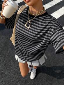 Muchica 女款黑色條紋針織休閒T恤，Pinterest風時尚女裝商務休閒上衣，夏季日常穿搭上衣 - 黑色 - 查看 4