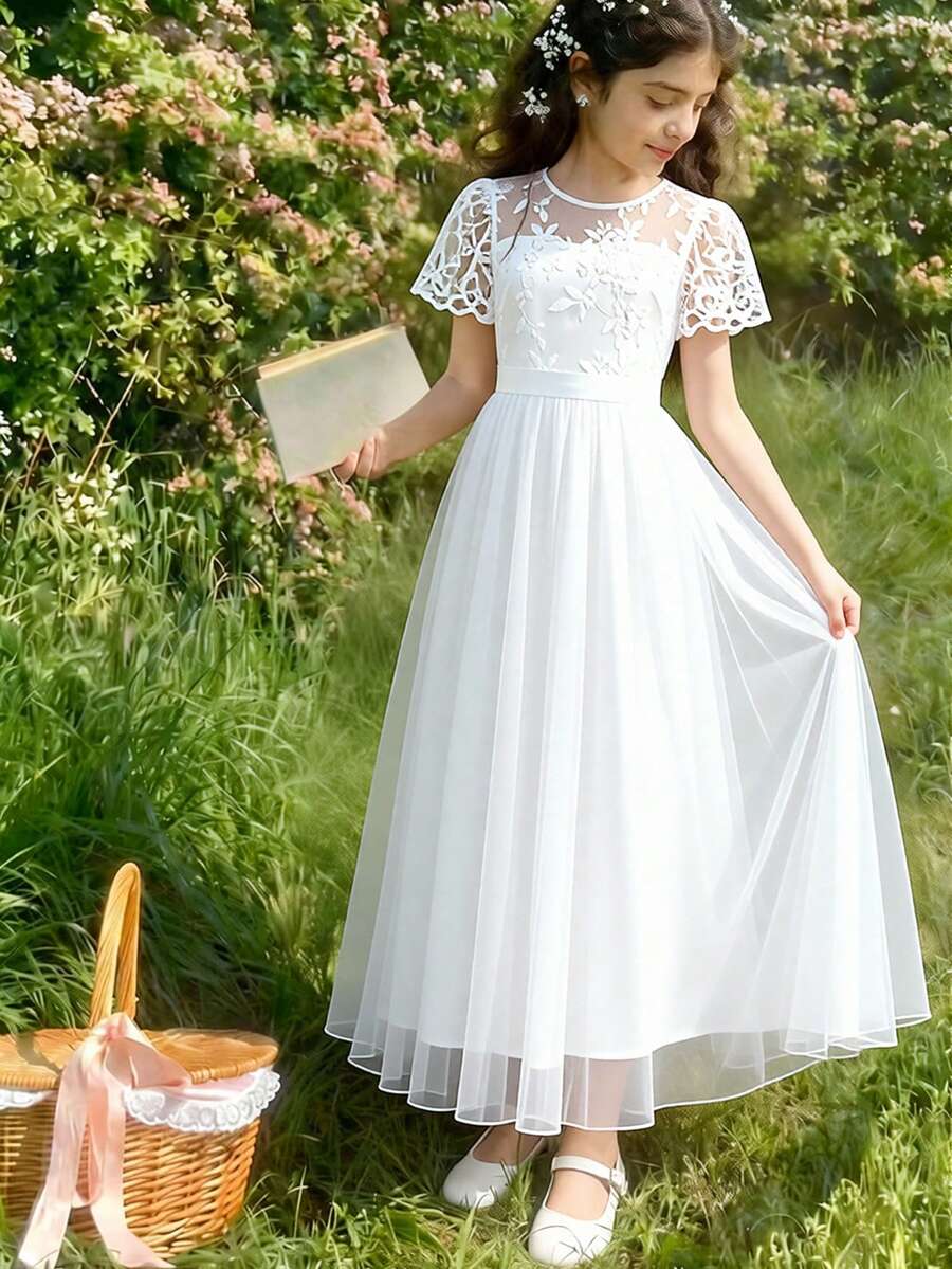 Glamorique Kids Elegant Netted Embroidered Chiffon Ruffle Sleeve Dress, Suitable For Weddings, Galas, Birthdays, Parties, All Seasons