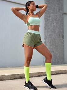 Powerista Women's Letter Print Cropped Tank Top And Pocket Shorts Sports Set Spring&Summer Exercise And Body Shaping, High Elasticity, Suitable For Multiple Sce - Grey - View 7