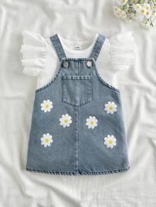 SHEIN Vintaside Kids 2 piezas Conjunto de niña - Blusa blanca acanalada + Vestido de peto vaquero azul bordado con bolsillos, adecuado para salidas - Multicolor - Ver 9