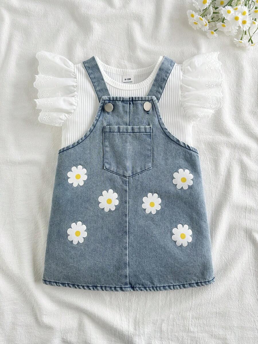 SHEIN Vintaside Kids 2pcs Baby Girls' Outfit - White Ribbed Top + Blue Denim Embroidered Suspender Dress With Pockets, Suitable For Outings - Multicolor - View 1