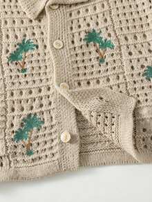 2pcs Young Boys Casual Vacation Palm Tree Crochet Texture Polo Collar Cardigan And Shorts Set, Comfortable And Versatile - Khaki - View 4