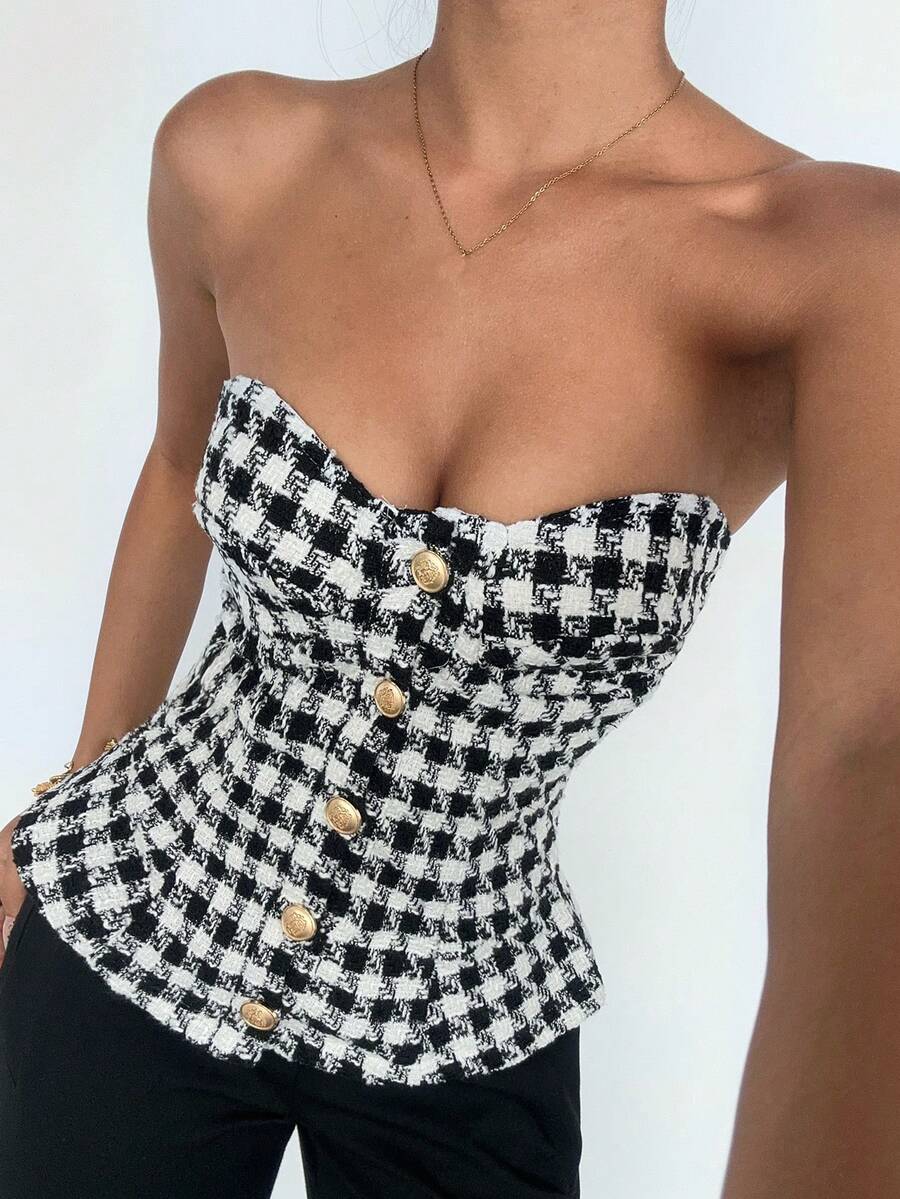 DAZY Áo croptop kiểu bustier kẻ caro dành cho nữ - Đen và trắng - Xem 1