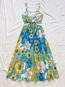Vestido camisero retro de línea A y largo midi con impresión floral tropical verde, abertura lateral con lazo en la cintura, estilo vacacional - Multicolor - Ver 2