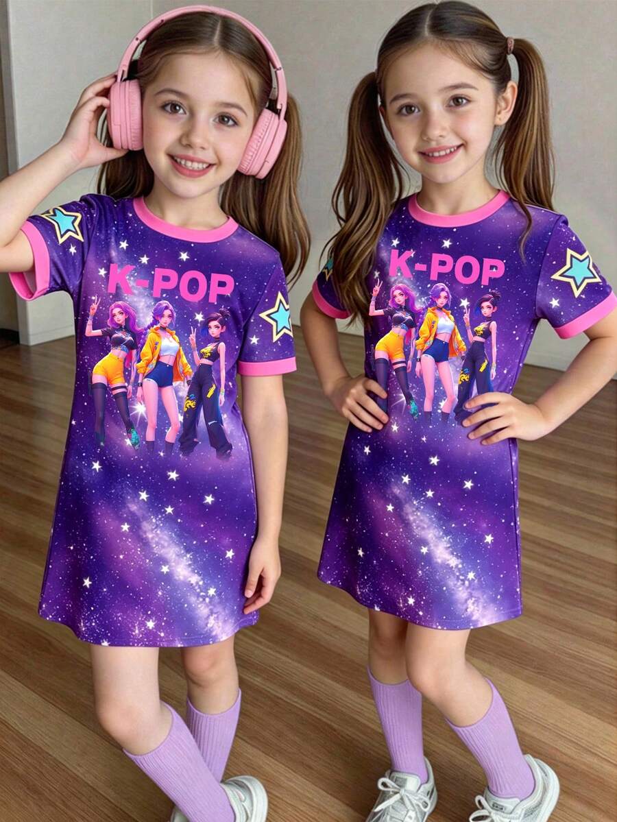 Young Girl Round Neck Contrast Trim Letter & Cartoon Print Casual Party Dress - Multicolor - View 1