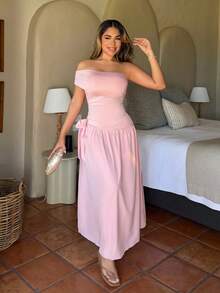 Maria Perezxox 女士优雅不对称下摆长款斜肩夏季连衣裙，粉色 - 粉色 - 查看 1