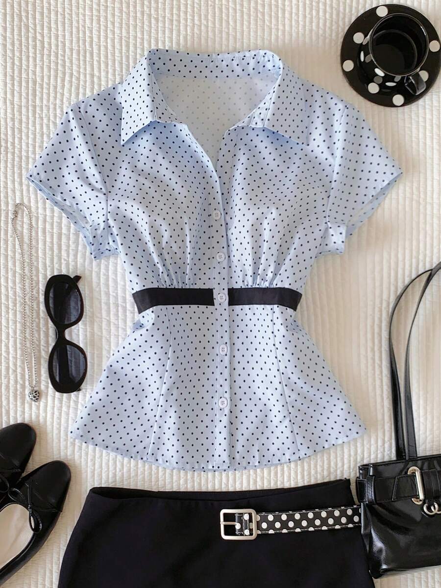 Comfortcana Áo sơ mi nữ tay ngắn cài một hàng khuy thời trang, họa tiết chấm bi và sọc đen ngọt ngào. - Màu xanh lam - Xem 1