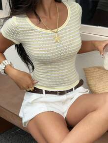 SHEIN EZwear Summer Vacation Yellow Striped Knit Bodycon T-Shirt - Pale Yellow - View 5