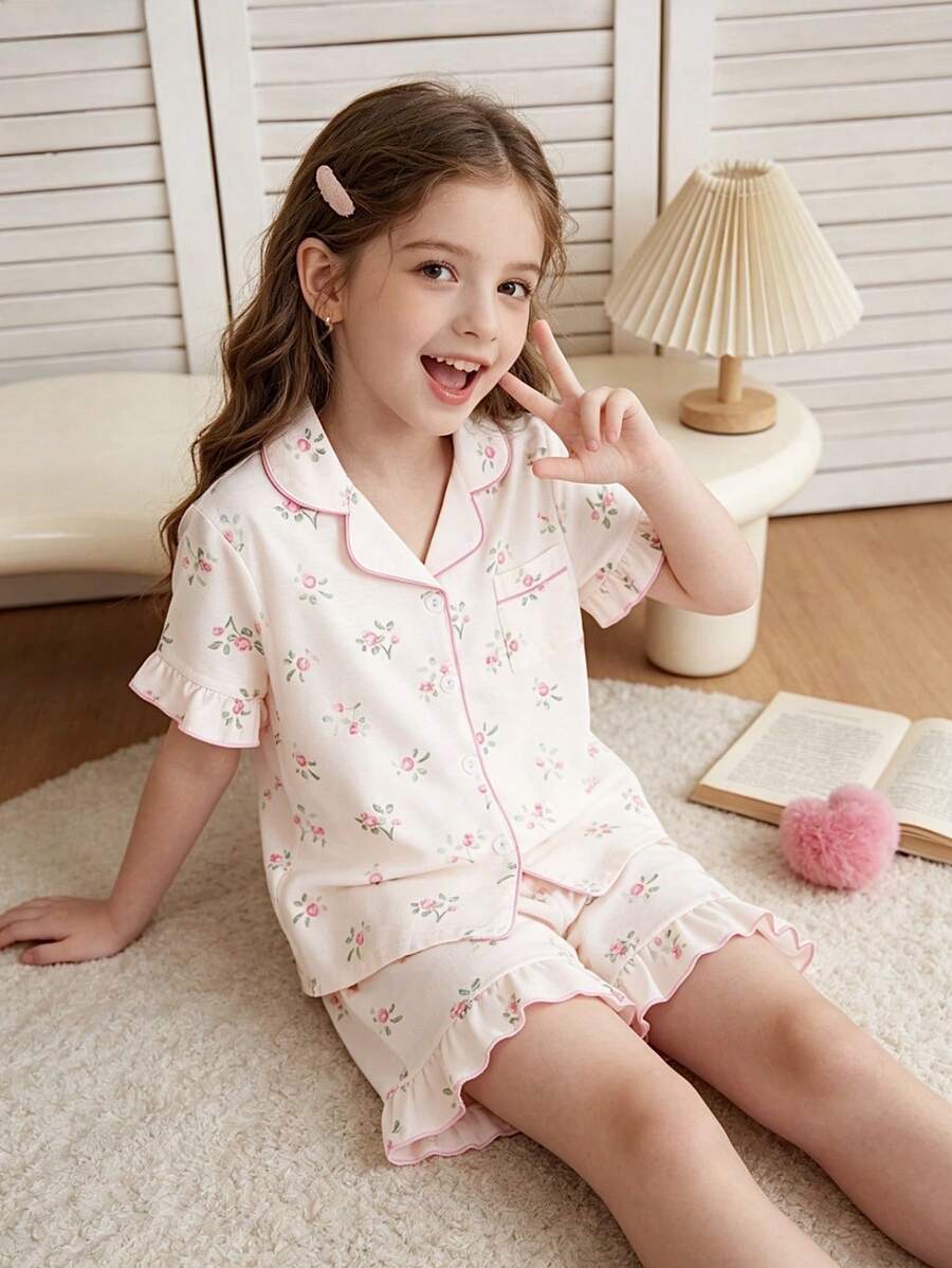 Genkimix Kids 2件組青少年女孩夏季可愛粉色與白色花卉印花睡衣,翻領短袖鈕扣上衣與配套短褲居家穿著睡裙 - 彩色 - 查看 1