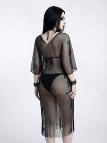 ROMWE Goth 女士优雅哥特风网纱透明流苏系带泳衣罩衫，适合海滩、度假、春夏秋季穿着 - 黑色 - 查看 2