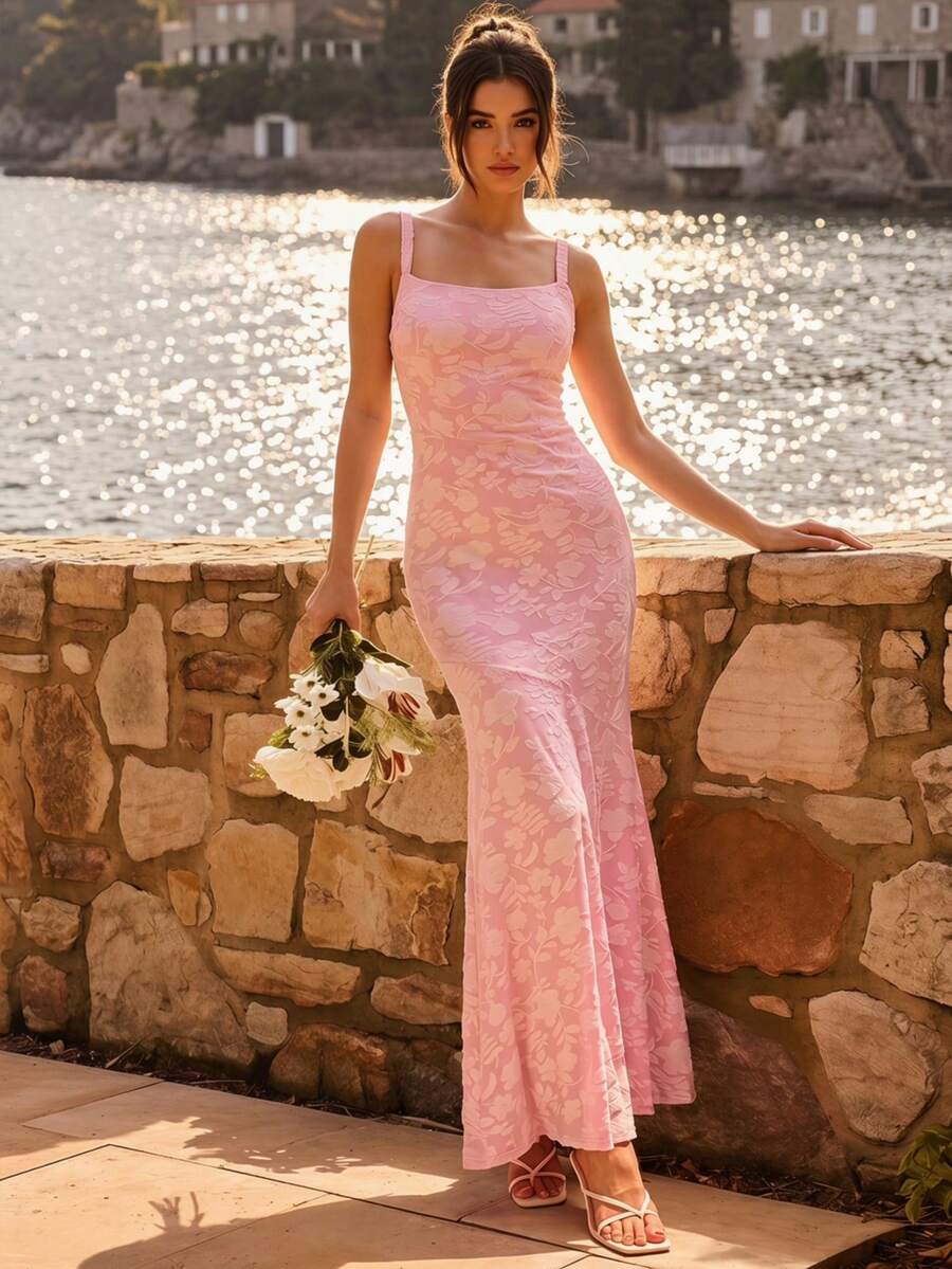 Enchnt Vestido de verano elegante de mujer con diseño jacquard cruzado y espalda descubierta - Rosa - Ver 1