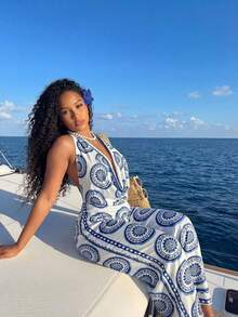 BamGleam 2pcs/Set Bohemian African Print Pleated Backless Spaghetti Strap Top And Elastic Waist Wide Leg Pants, Casual Beach Street Style Fashion For Spring/Summer - Blue and White - View 7