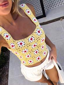 Women's Casual And Cute Y2K Hand-Crocheted Totem Pattern Yellow Camisole Vest Top, Suitable For Summer Outings, Music Festivals, Country Concerts, Beach Holidays And Daily Street Wear. - Yellow - View 1