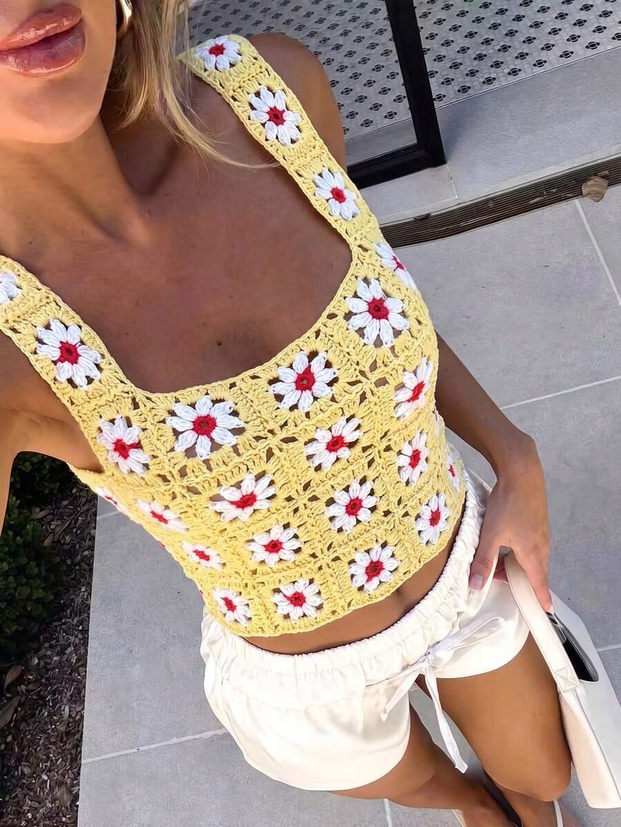 Women's Casual And Cute Y2K Hand-Crocheted Totem Pattern Yellow Camisole Vest Top, Suitable For Summer Outings, Music Festivals, Country Concerts, Beach Holidays And Daily Street Wear. - Yellow - View 1